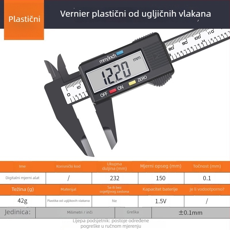 Digitalni kaliper s karbonskom konstrukcijom, kućište od nehrđajućeg čelika, industrijske klase, visokoprecizni elektronički prikaz