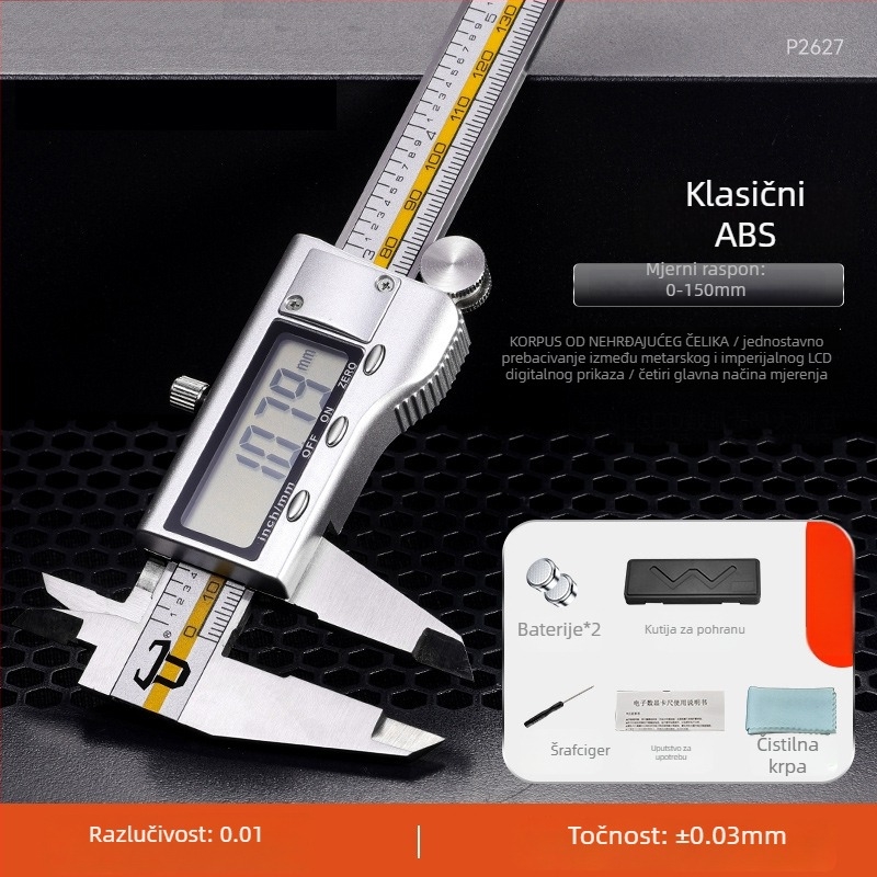 Digitalni kaliper s karbonskom konstrukcijom, kućište od nehrđajućeg čelika, industrijske klase, visokoprecizni elektronički prikaz