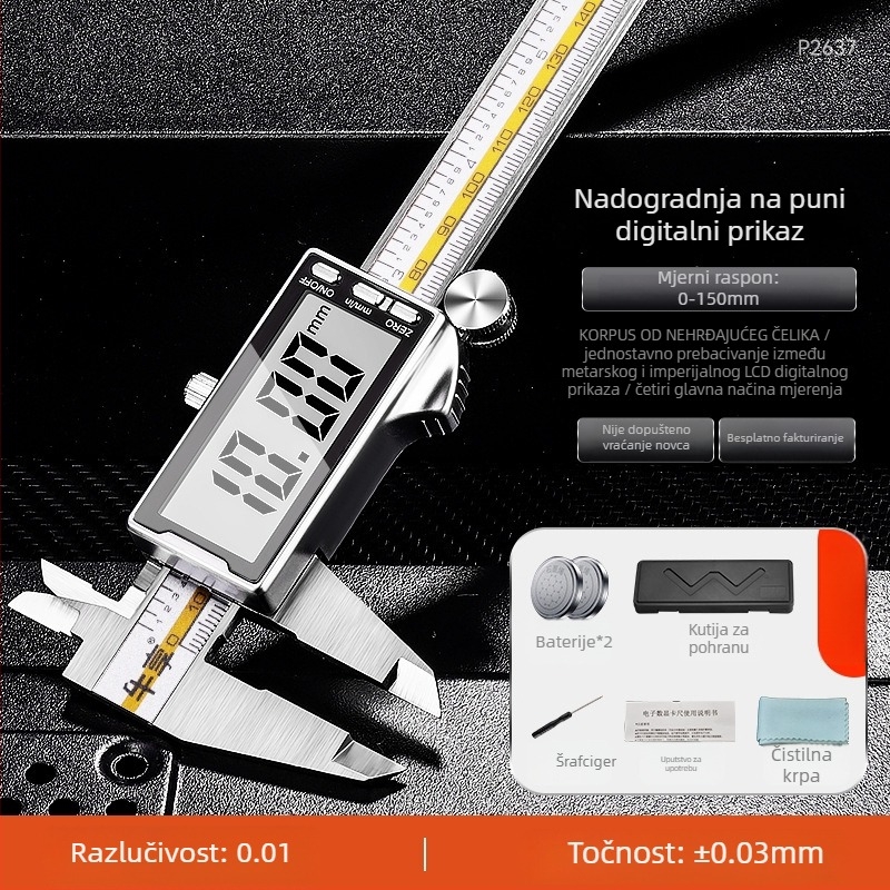 Digitalni kaliper s karbonskom konstrukcijom, kućište od nehrđajućeg čelika, industrijske klase, visokoprecizni elektronički prikaz