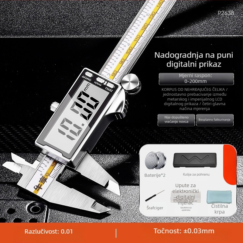 Digitalni kaliper s karbonskom konstrukcijom, kućište od nehrđajućeg čelika, industrijske klase, visokoprecizni elektronički prikaz