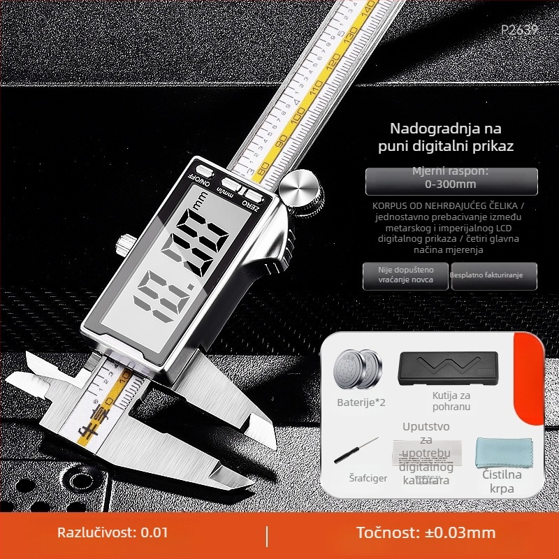 Digitalni kaliper s karbonskom konstrukcijom, kućište od nehrđajućeg čelika, industrijske klase, visokoprecizni elektronički prikaz