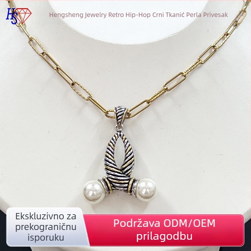 Ogrlica s perlom privjeskom, lanac u stilu paper clip, vintage geometrijski dizajn, poliran završetak