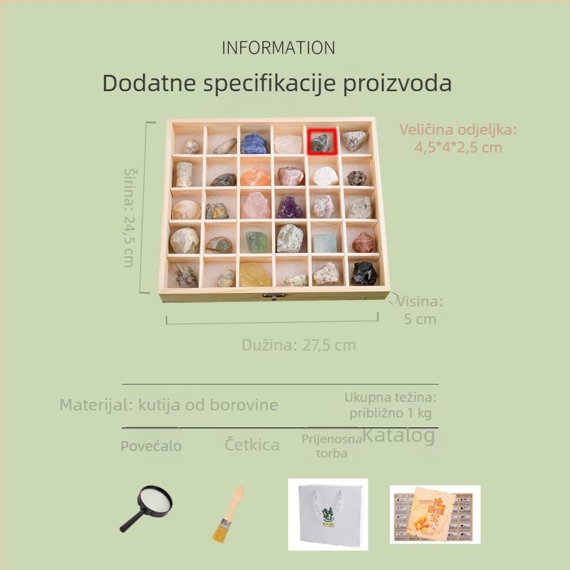 Set prirodnih kristalnih fosilnih stijena, mineral, drvena kutija, moderni minimalistički stil, marka shiguang period