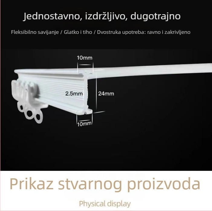 Zakrivljena tračnica za zavjese – smola; Model: Zakrivljena tračnica; Tip: Tračnica za zavjese; Prilozi: brtvilo, rola; Pogodno za viseće zavjese