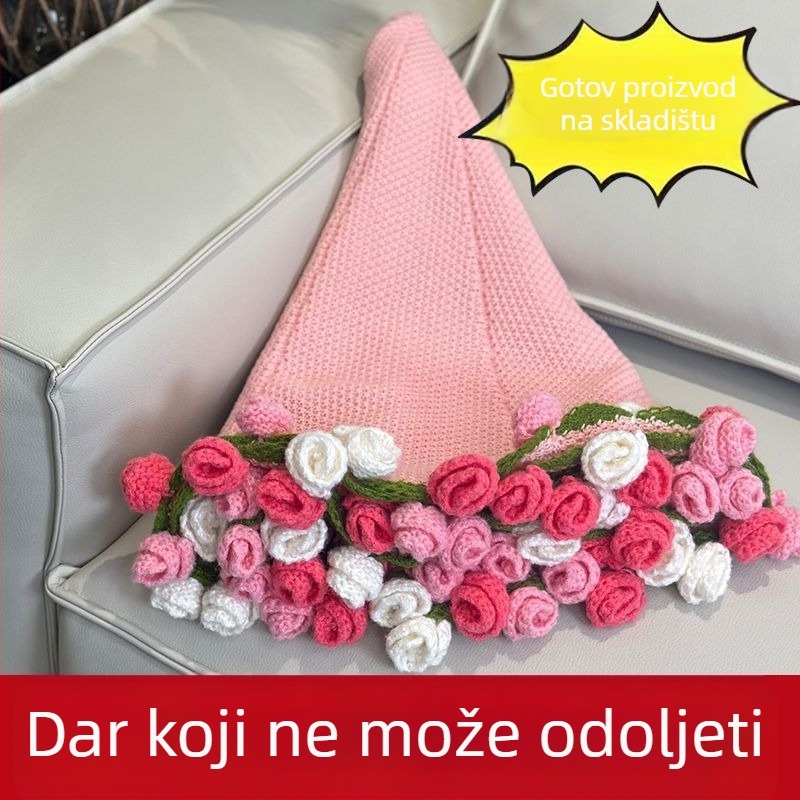 Ručna pletene deka s buketom ruža, uzorak biljaka i cvijeća, poliester, ručnik-deka, za sve sezone