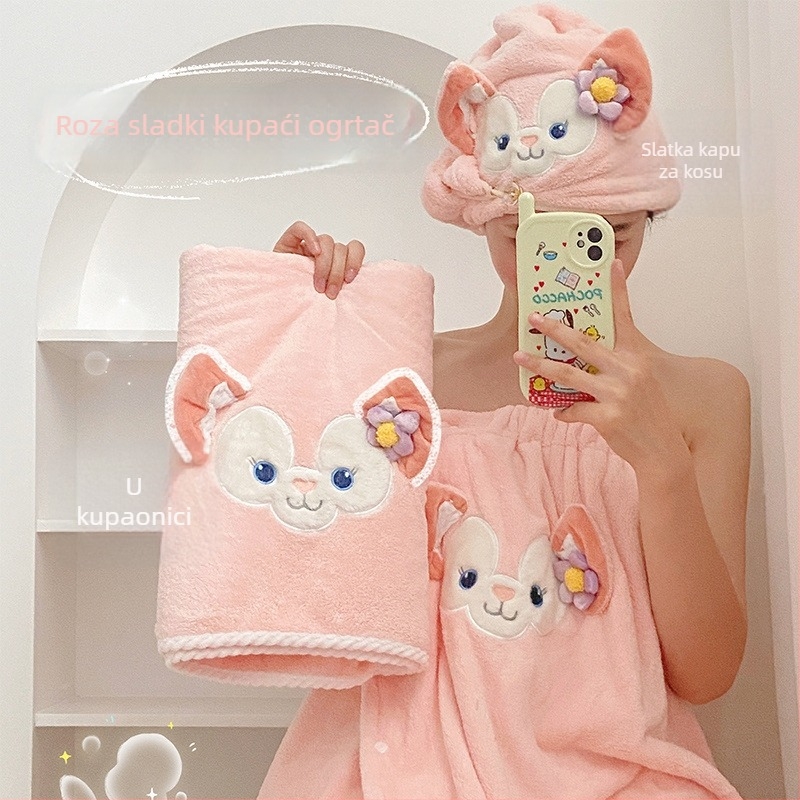 Cartoon Lina Belle coral fleece kupaonski ručnik wrap s kapom za kosu, apsorbirajući i brzo sušenje, 301–350 g, serija Cartoon, mogućnost otiska logotipa
