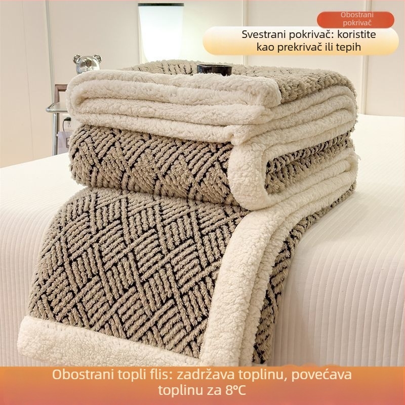 Debela deka od fleece s dvostrano plišanim velurom, mliječni velur i koralni velur, geometrijski uzorak, zimska toplina, nordijski stil, veličina 180 x 200–220 cm
