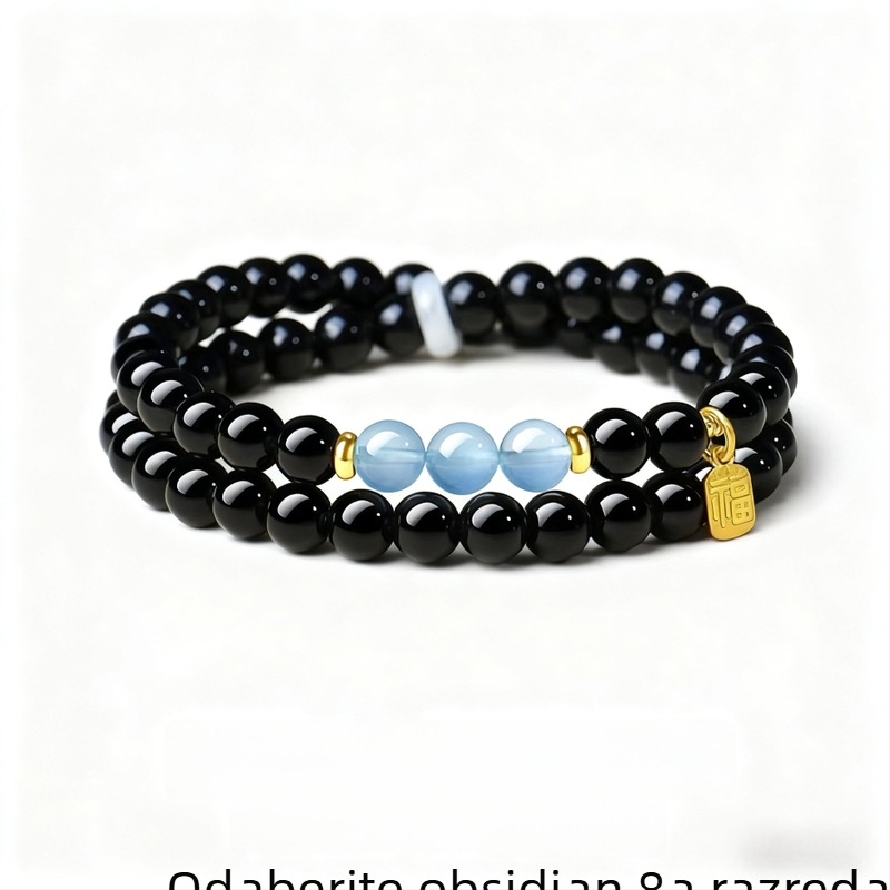 Narukvica od prirodnog obsidijana, ručno izrađene perle s akvamarinskim kristalima, unisex minimalistički stil
