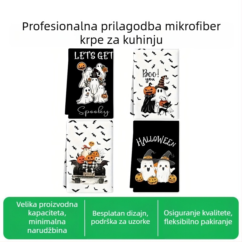Mikrovlakana kuhinjska krpa za pranje posuđa s otiskom, ravna tkanina, rub s kukom — 150d vlakno, 50–80 g, ručna krpa