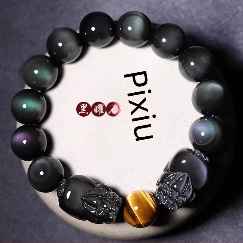 Polirana obsidijan narukvica s dvostrukim Pixiu, Buddha perle, unisex