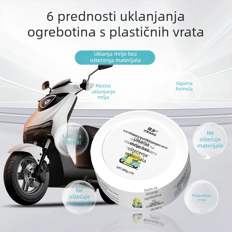 Višenamjenska pasta za čišćenje za električna vozila i motocikle; uklanja ogrebotine i obnavlja plastično kućište. Brend: Yixiang; Podrijetlo: Guangdong; Pakiranje: 50 kom.; Učinci: dubinska i sigurna dekontaminacija.