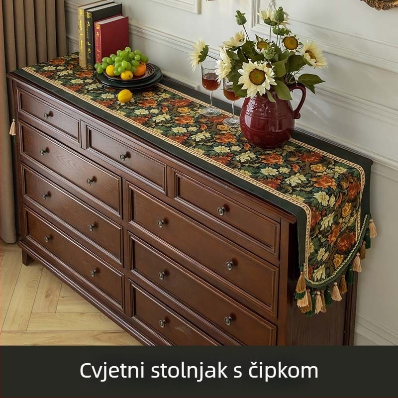 Američki retro futer s resicama za dugi stol i komodu, zaštita od prašine (100% poliester, cvjetni uzorak, pamuk 1%)