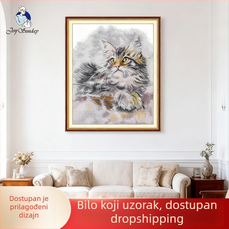 Needle Kung Fu križno šivanje set: pahuljasta mačka u motivu uljne slike na platnu, ručno šivanje pamucnim nitima, 14 ct, bijela, skandinavski stil