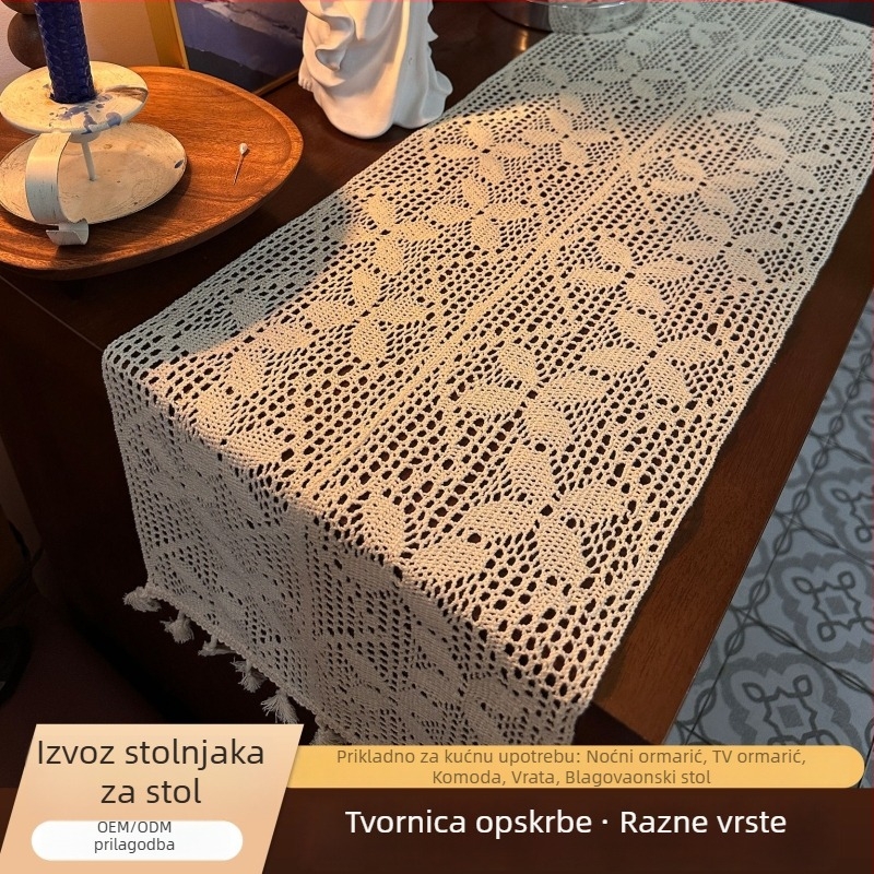 Stolnjak za stolni prostor američki seoski kukičani uzorak s izrezanom čipkom, pamuk 70% / poliester 30%, pastoralni stil, jednofarban uzorak, brend Yijia