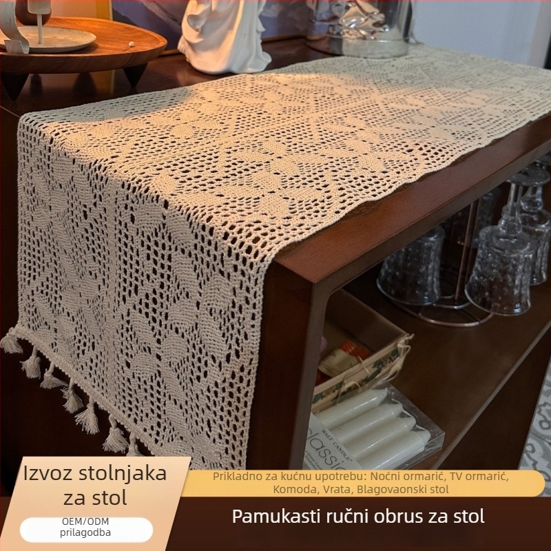 Stolnjak za stolni prostor američki seoski kukičani uzorak s izrezanom čipkom, pamuk 70% / poliester 30%, pastoralni stil, jednofarban uzorak, brend Yijia