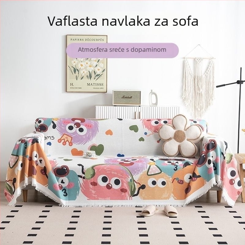Navlaka za kauč od waffle materijala s karikaturnim uzorkom za modularne kauče — bez zatvarača, jedinstveni dizajn (Materijal: waffle; Uzorak: karikatura; Pogodno za: modularne kauče; Oblik: bez zatvarača)