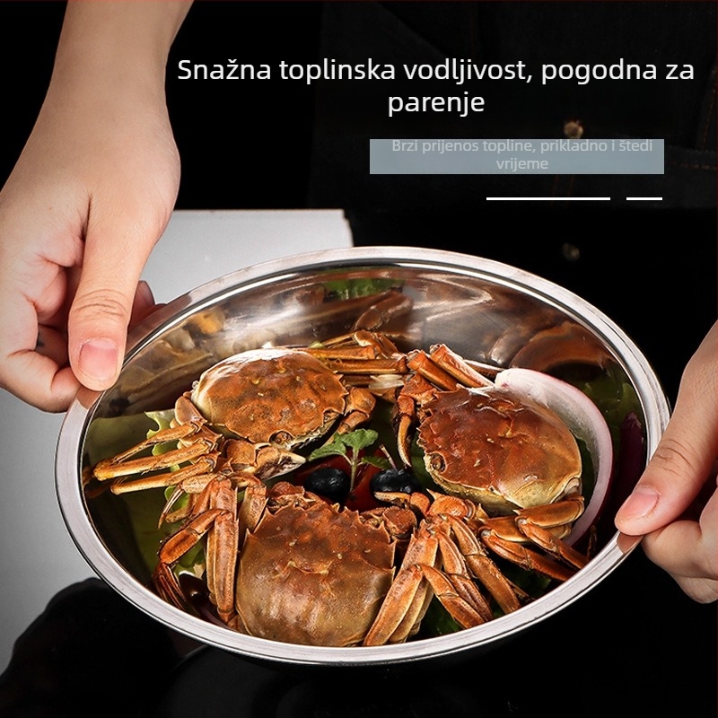 Ploški tanjur od nehrđajućeg čelika 304, okrugli, glazirana površina, mikrovalna sigurna, za prehrambenu upotrebu