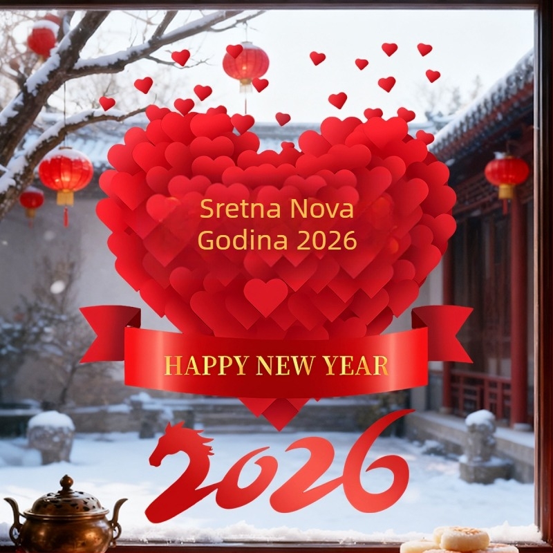 Naljepnica za staklena vrata za novogodišnju dekoraciju 2026., Godina Konja, srce motiv, PVC materijal, elektrostatiko lijepljenje, svečani uzorak, moderni minimalistički stil; pogodna za dnevni boravak, spavaću sobu, studij, ulaz.