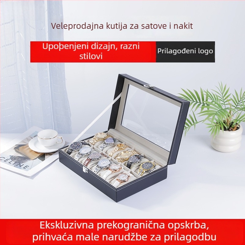 Kutija za satove od PU kože sa staklenim prozorom, 12 pretinica