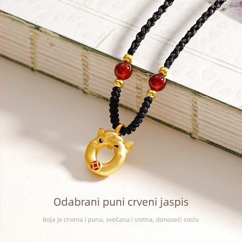 Tichi originalni talisman za žene s konjem, S925 srebro, kineski stil, godina zodijaka Konj, pleteni crni užadasti lanac