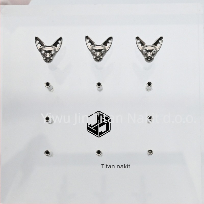 Usni stud – Titanij zliatina, dizajn Sphynx mačke, motiv glave mačke, mikro podešavanje, unisex punk
