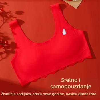 Crveni bezšivni sportski grudnjak za djevojčice u ranoj adolescenciji, s fiksnim košaricama, neproziran