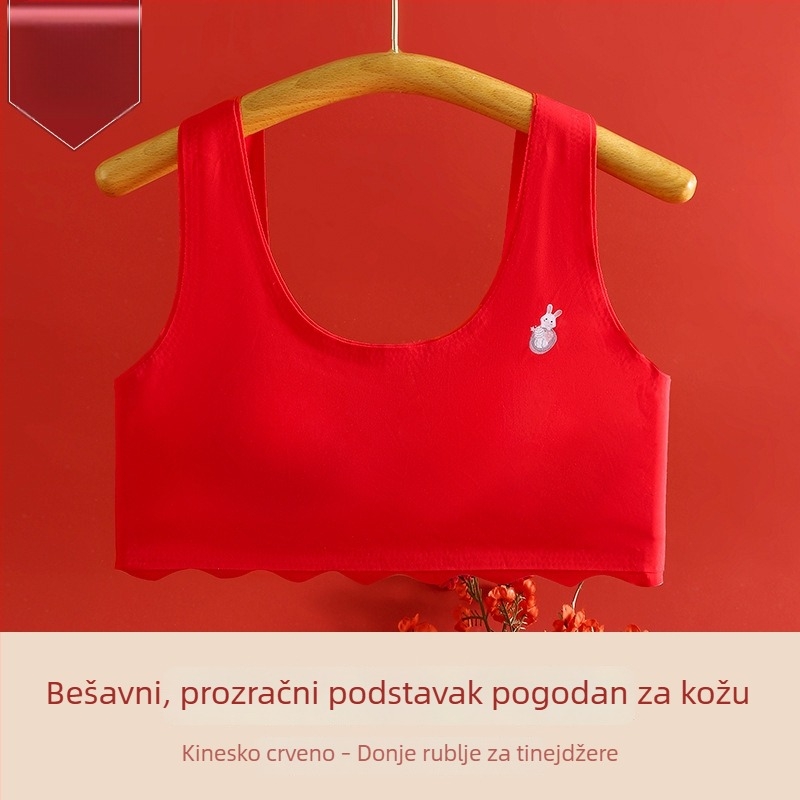 Crveni bezšivni sportski grudnjak za djevojčice u ranoj adolescenciji, s fiksnim košaricama, neproziran