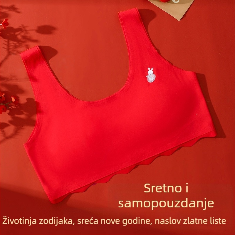 Crveni bezšivni sportski grudnjak za djevojčice u ranoj adolescenciji, s fiksnim košaricama, neproziran