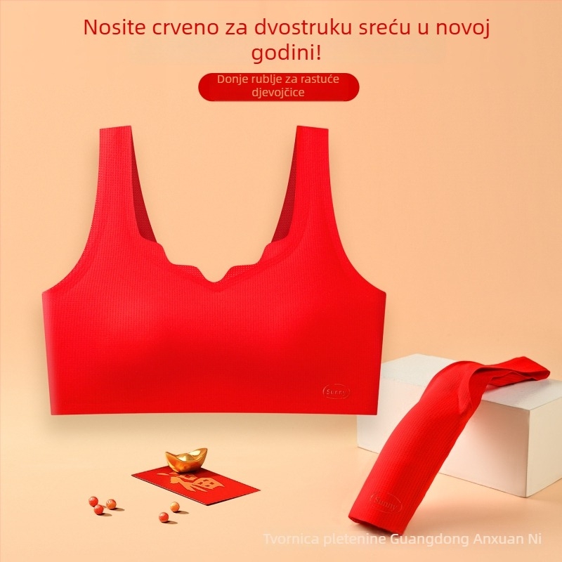 Crveni bešavni sportski grudnjak za tinejdžerice s trokutastim oblikom košarica, najlon