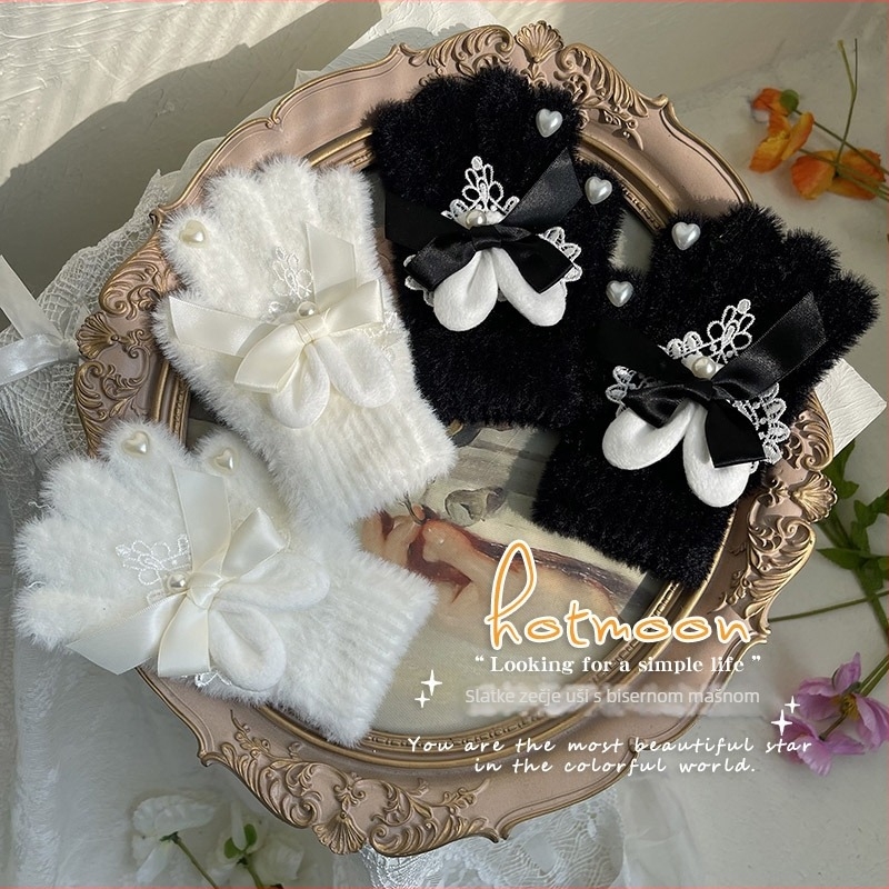 Japanski stil, uši zečice, mašna s perlicama, čipka, srce od Rex zečjeg krzna, tople rukavice za djecu s pet prstiju, Lolita stil