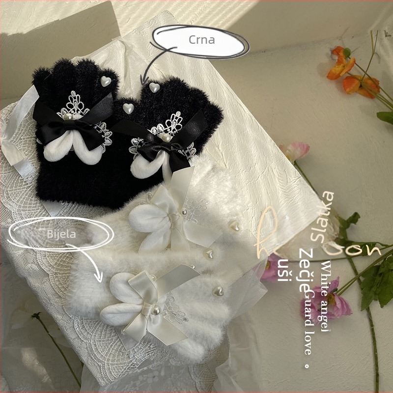 Japanski stil, uši zečice, mašna s perlicama, čipka, srce od Rex zečjeg krzna, tople rukavice za djecu s pet prstiju, Lolita stil