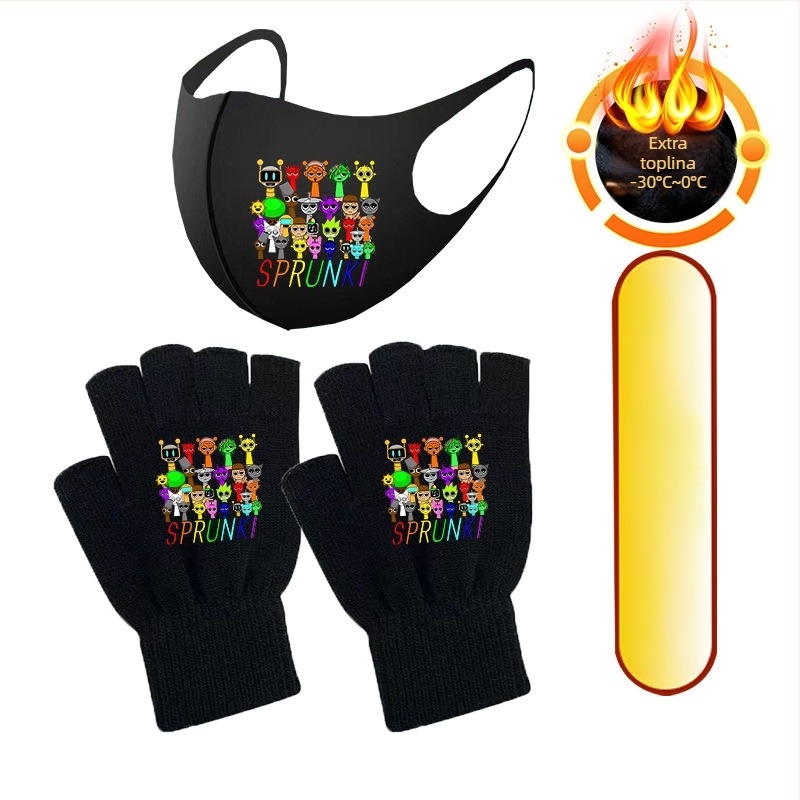 Dječje vanjske rukavice s polu prstom, vunene, cartoon uzorak, unisex, zimske