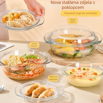 Staklena zdjela za mikrovalnu s poklopcem, velika okrugla zdjela za jaja na pari, juhu i tjesteninu, otporna na visoke temperature