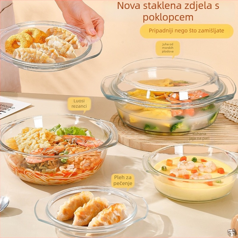 Staklena zdjela za mikrovalnu s poklopcem, velika okrugla zdjela za jaja na pari, juhu i tjesteninu, otporna na visoke temperature