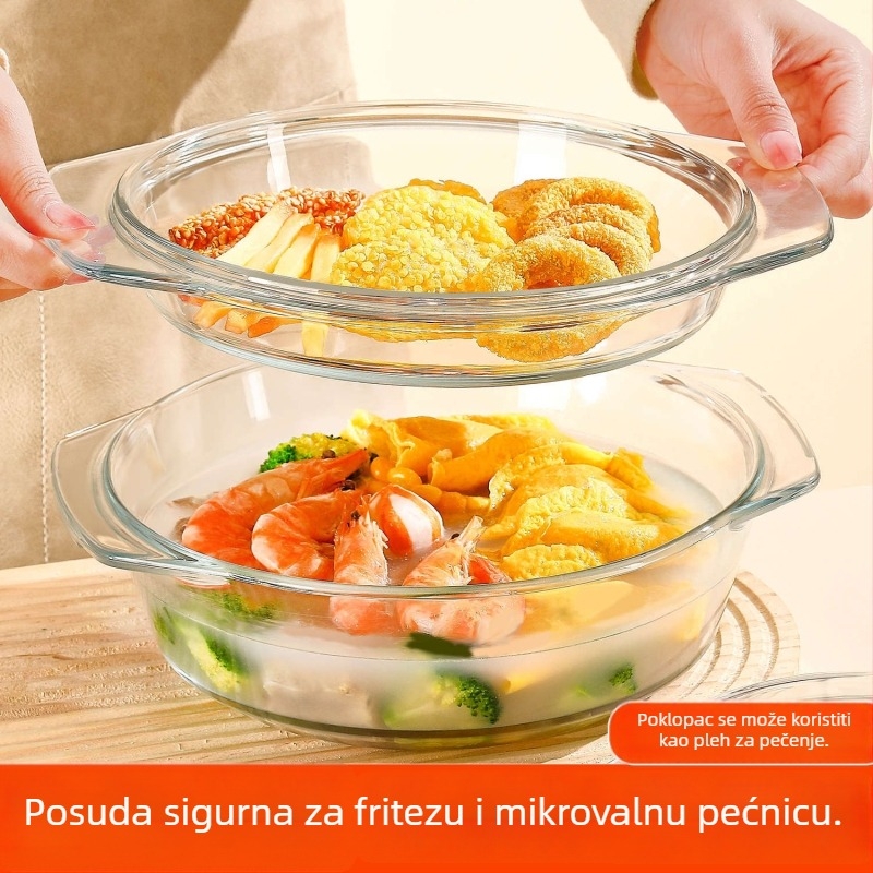 Staklena zdjela za mikrovalnu s poklopcem, velika okrugla zdjela za jaja na pari, juhu i tjesteninu, otporna na visoke temperature