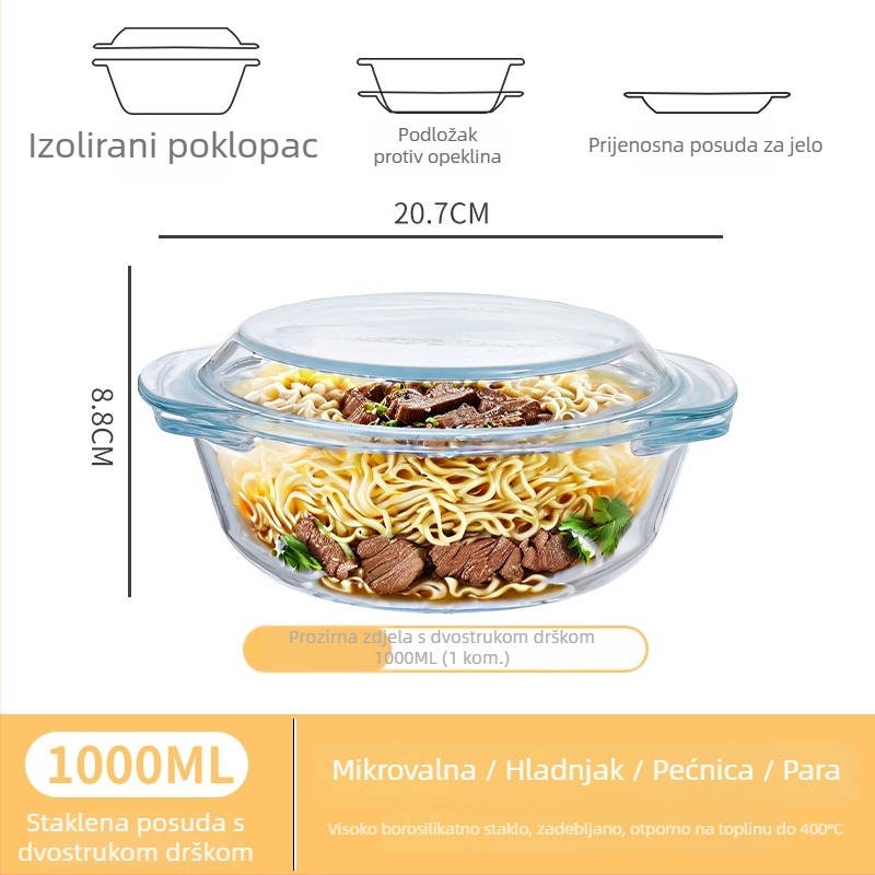 Staklena zdjela za mikrovalnu s poklopcem, velika okrugla zdjela za jaja na pari, juhu i tjesteninu, otporna na visoke temperature