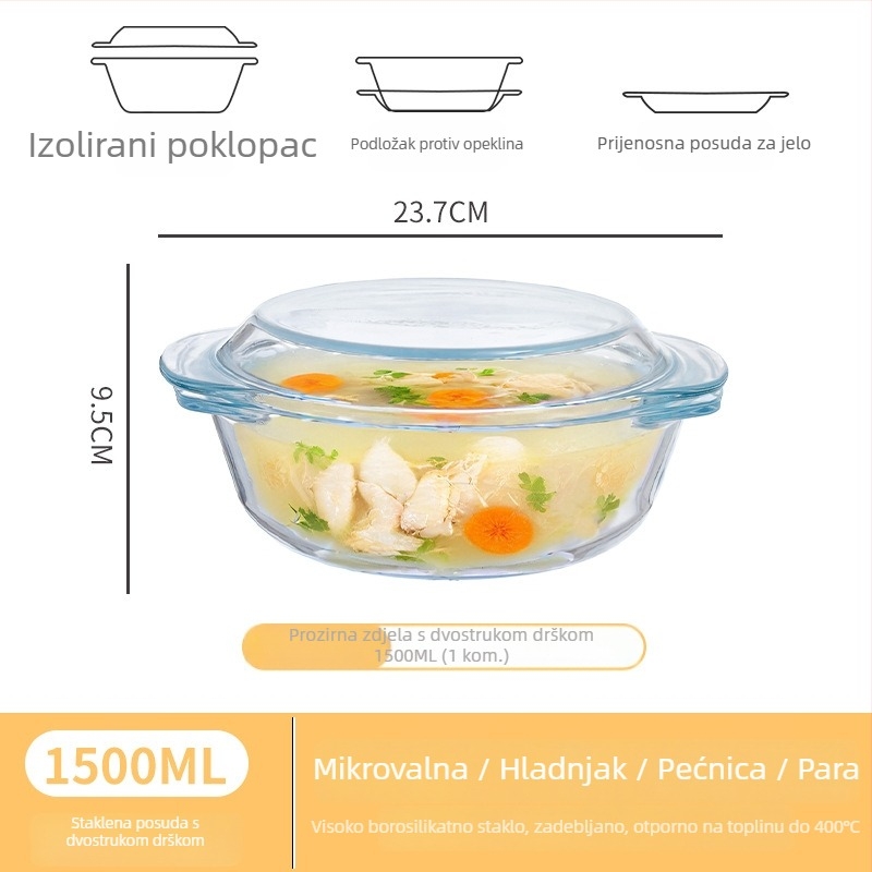 Staklena zdjela za mikrovalnu s poklopcem, velika okrugla zdjela za jaja na pari, juhu i tjesteninu, otporna na visoke temperature