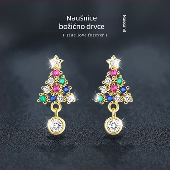 Naušnice božićno drvce od Moissanita sa obojenim dijamantima, 925 srebro, elegantni božićni nakit