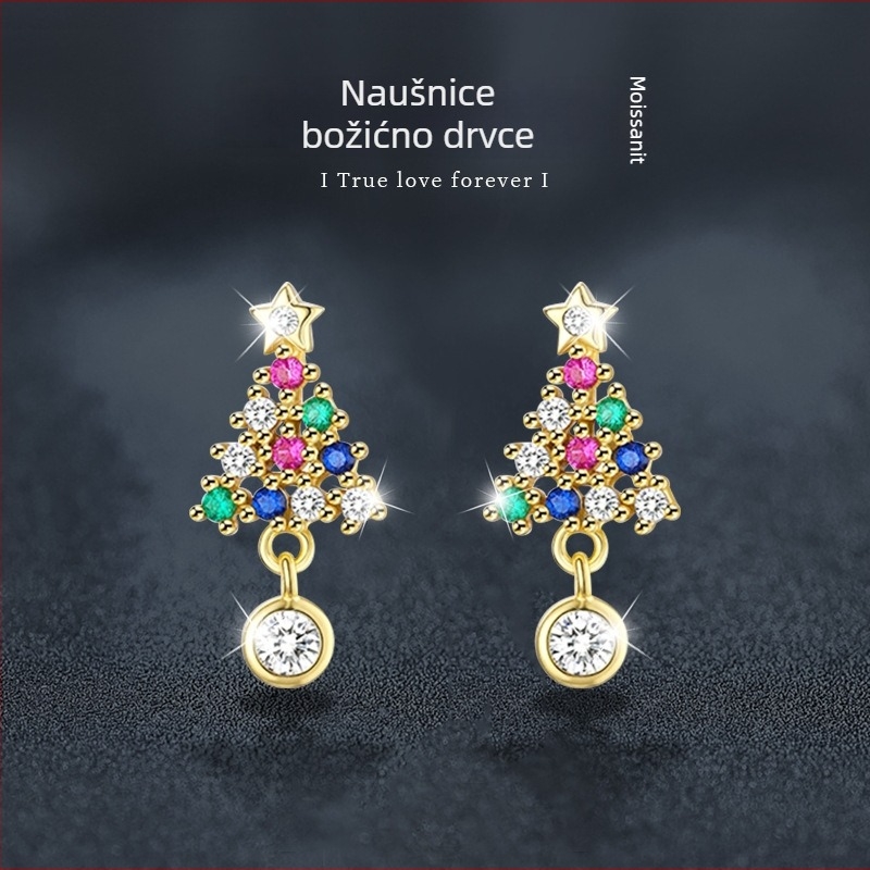 Naušnice božićno drvce od Moissanita sa obojenim dijamantima, 925 srebro, elegantni božićni nakit