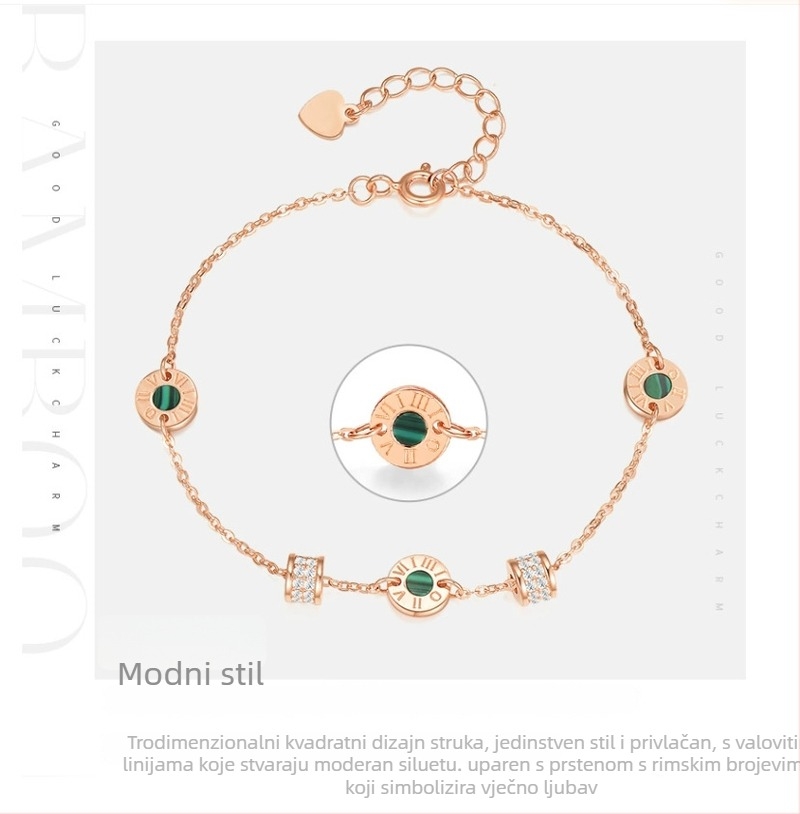 Narukvica od 925 srebra, malahit, chalcedon, sintetički cirkon, geometrijski dizajn