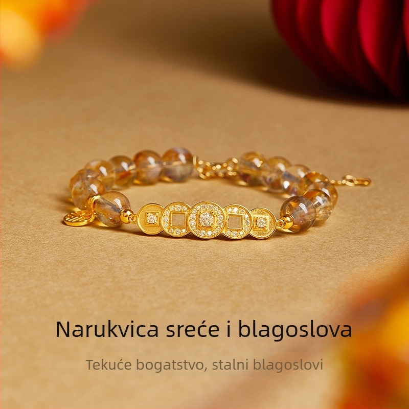 Narukvica od S925 sterling srebra s novčićima Pet carova, privjesak sreće s kristalom, kineski stil, elektroplatiranje, za žene