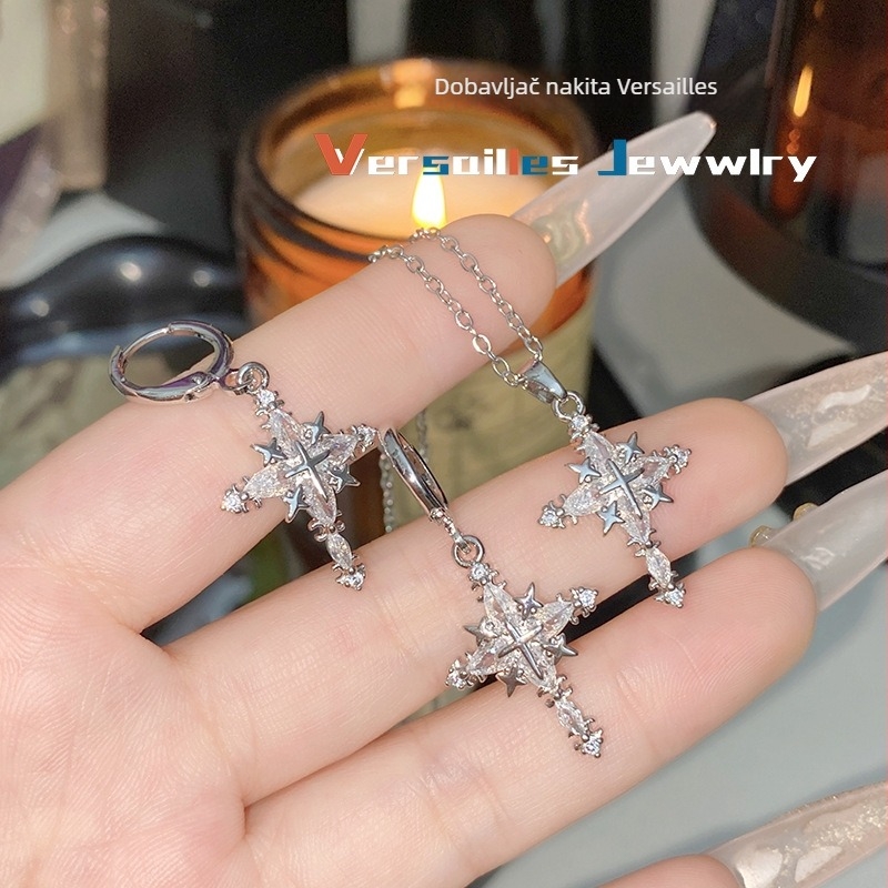 Set naušnica i ogrlice: četverokraki zvijezda-krst, zlatno ugradbeni poludrago kamenje, bakar, križasti lanac, jesen 2025