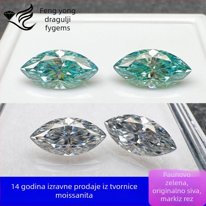 Prirodni moissanit kamen, marquise rez, oblik konjskog oka, paun zelena, prirodna siva, 0.5–2.0 ct