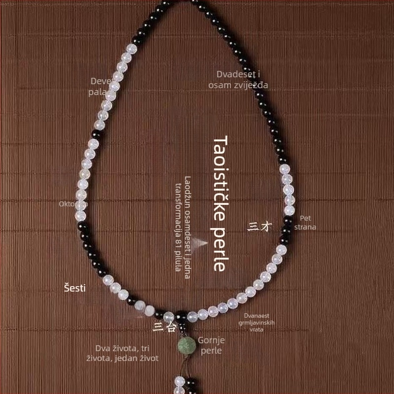 Naramak od 8 mm achata s Tai Chi Yin Yang Bagua i daoističkim molitvenim biserima, unisex, 81 bisera