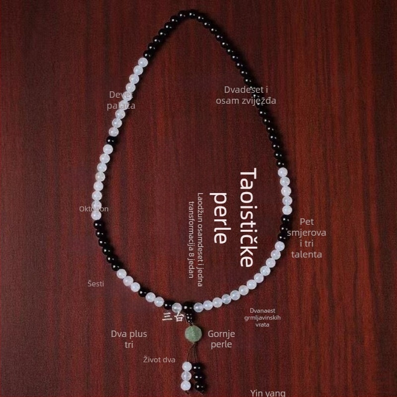 Naramak od 8 mm achata s Tai Chi Yin Yang Bagua i daoističkim molitvenim biserima, unisex, 81 bisera
