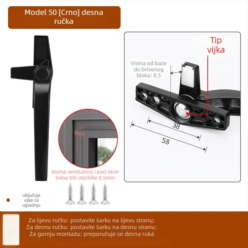 Kvaka za prozor od cinkovog legura, moderan stil, univerzalna, model 535353, pogodna za krilne i klizne prozore