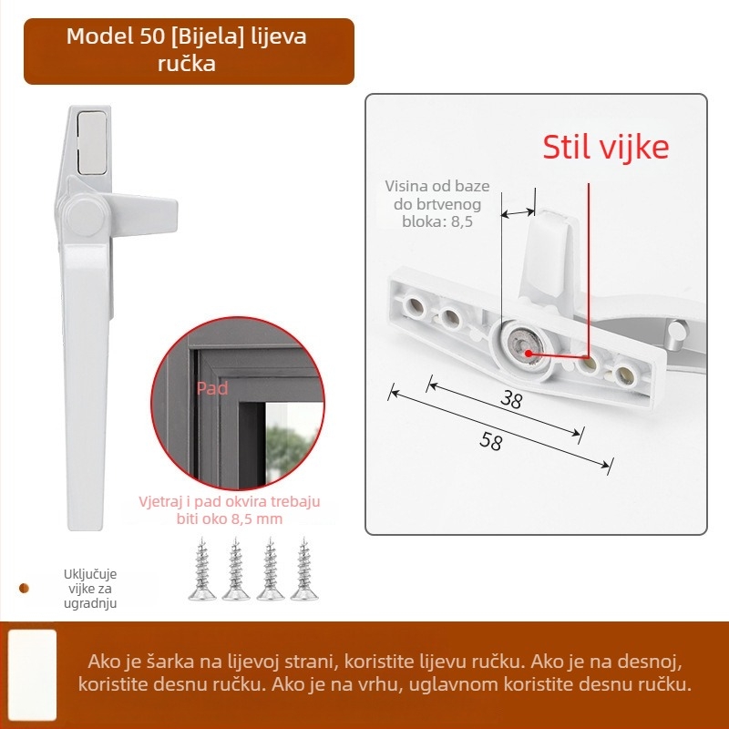 Kvaka za prozor od cinkovog legura, moderan stil, univerzalna, model 535353, pogodna za krilne i klizne prozore