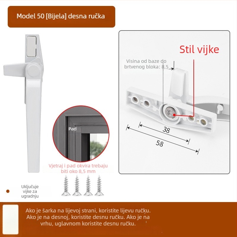 Kvaka za prozor od cinkovog legura, moderan stil, univerzalna, model 535353, pogodna za krilne i klizne prozore