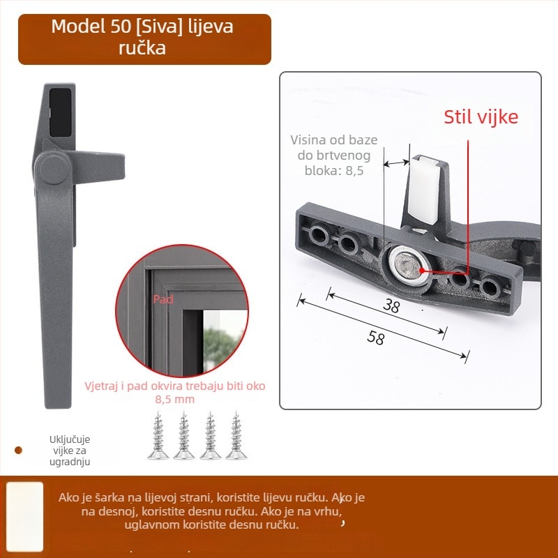 Kvaka za prozor od cinkovog legura, moderan stil, univerzalna, model 535353, pogodna za krilne i klizne prozore