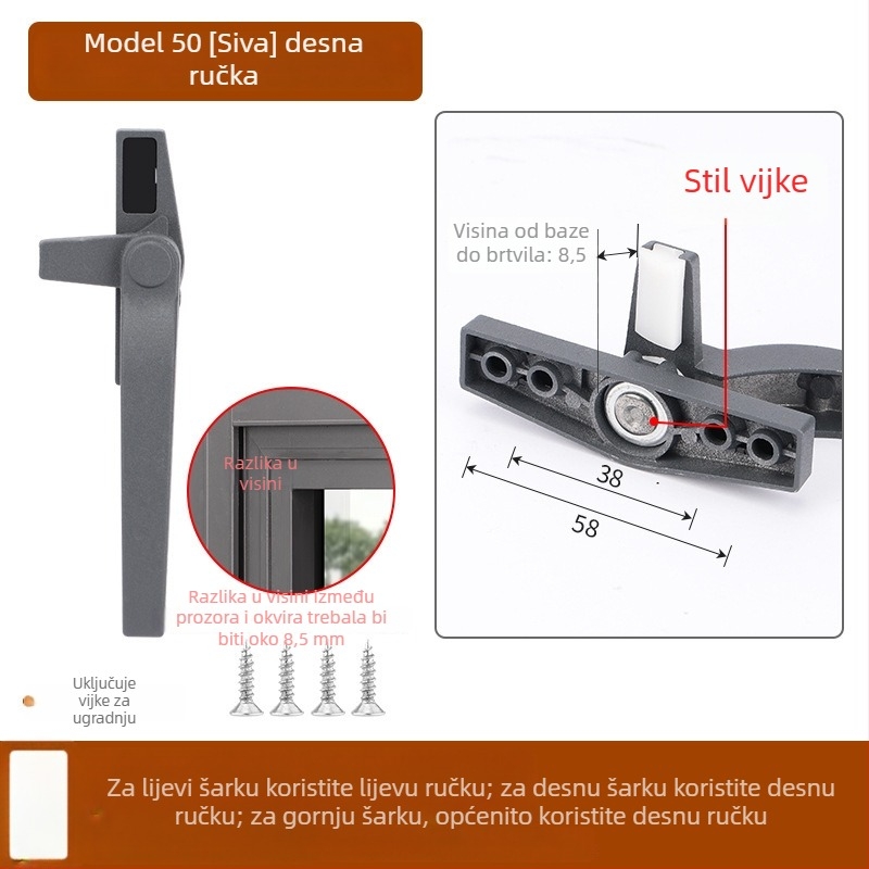 Kvaka za prozor od cinkovog legura, moderan stil, univerzalna, model 535353, pogodna za krilne i klizne prozore